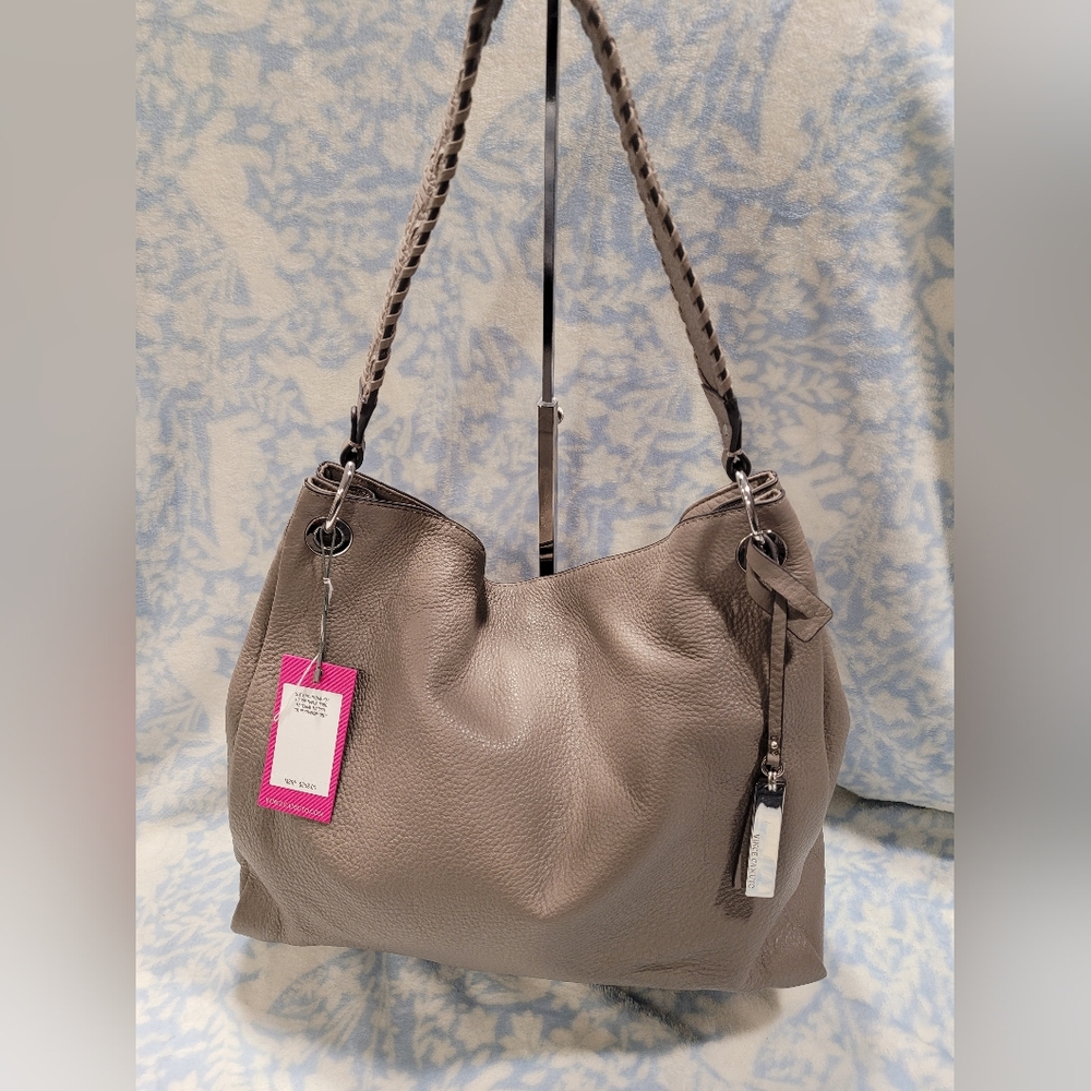 Vince Camuto Nadja Hobo Shadow Grey Pebbled Leather Braided Strap NWT $258